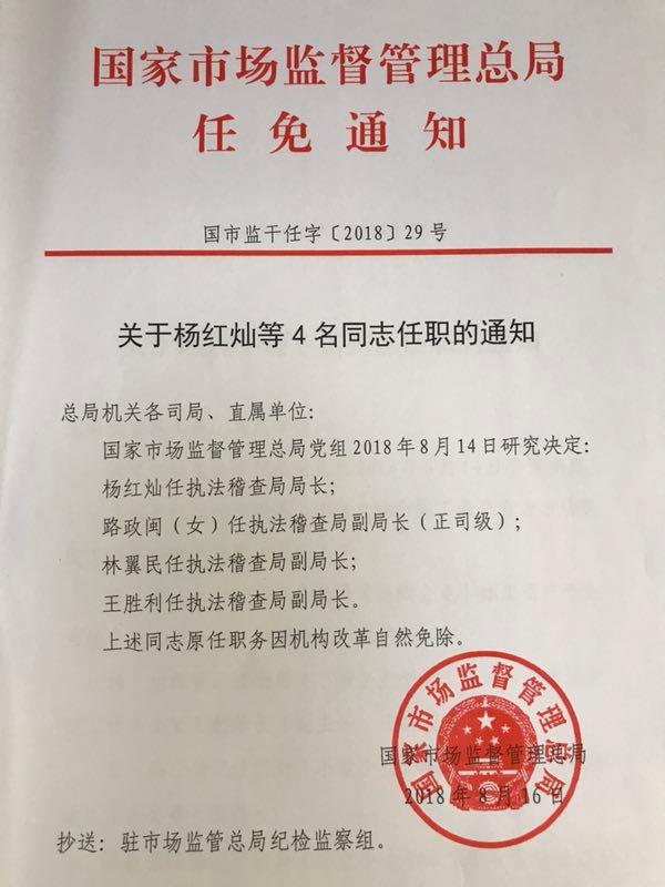 国家市场监督管理总局发布任免通知