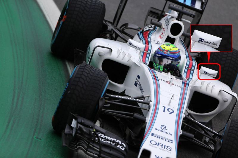 Financial.org宣称是F1赛车赞助商,因此赛车后视镜才会贴上其LOGO。(东方IC)