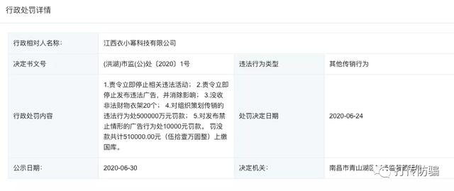江西衣小幂科技有限公司涉嫌传销被罚款51万